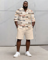 Big & Tall Men's Business Apricot Geometric Print Long Sleeve Shirt Shorts Set